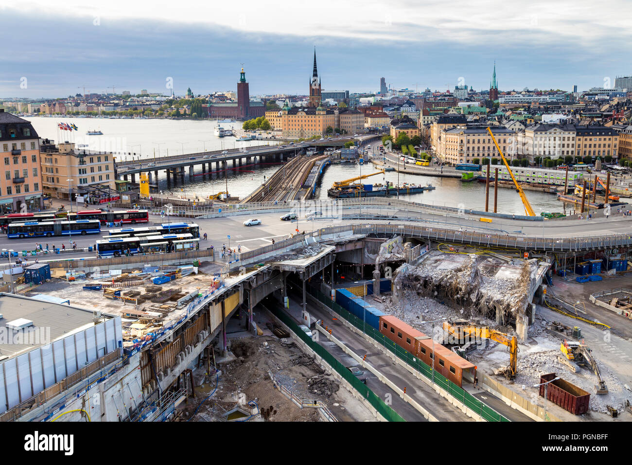 18 Agosto 2018 - vista panoramica sulla città e la decostruzione sito di Slussen, Stoccolma, Svezia Foto Stock