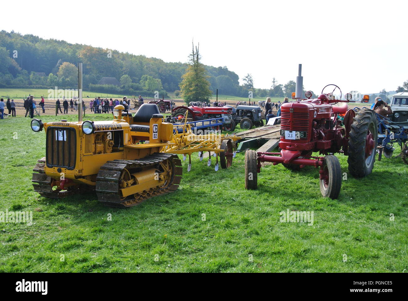 Un Caterpillar D2 trattore diesel e una McCormick Farmall trattore parcheggiato sul display in corrispondenza del Weald and Downland Museum, Sussex, Inghilterra. Foto Stock