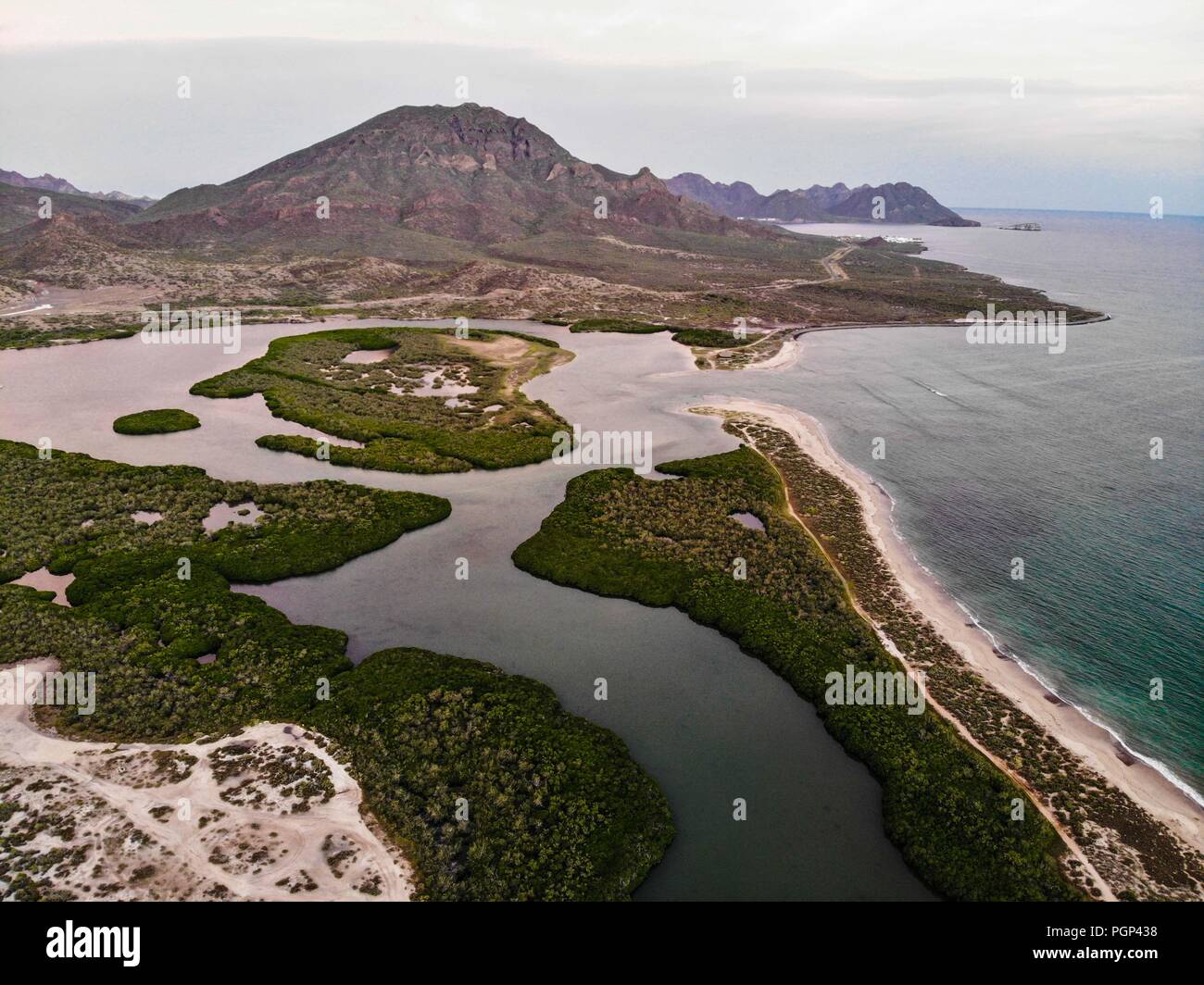 Paisaje con unà vista aérea del estero el Soldado en San Carlos, Sonora, Messico. Area Protregida naturale. Golfo de California. (Foto: Luis Gutiérrez Foto Stock