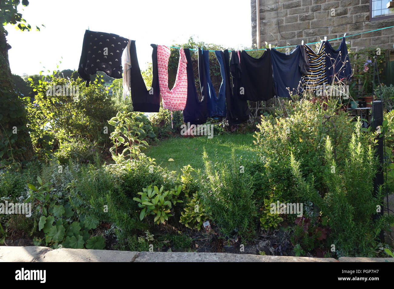 Lavaggio e asciugatura su una linea di lavaggio in un cottage di campagna piccolo giardino frontale in Inghilterra Foto Stock