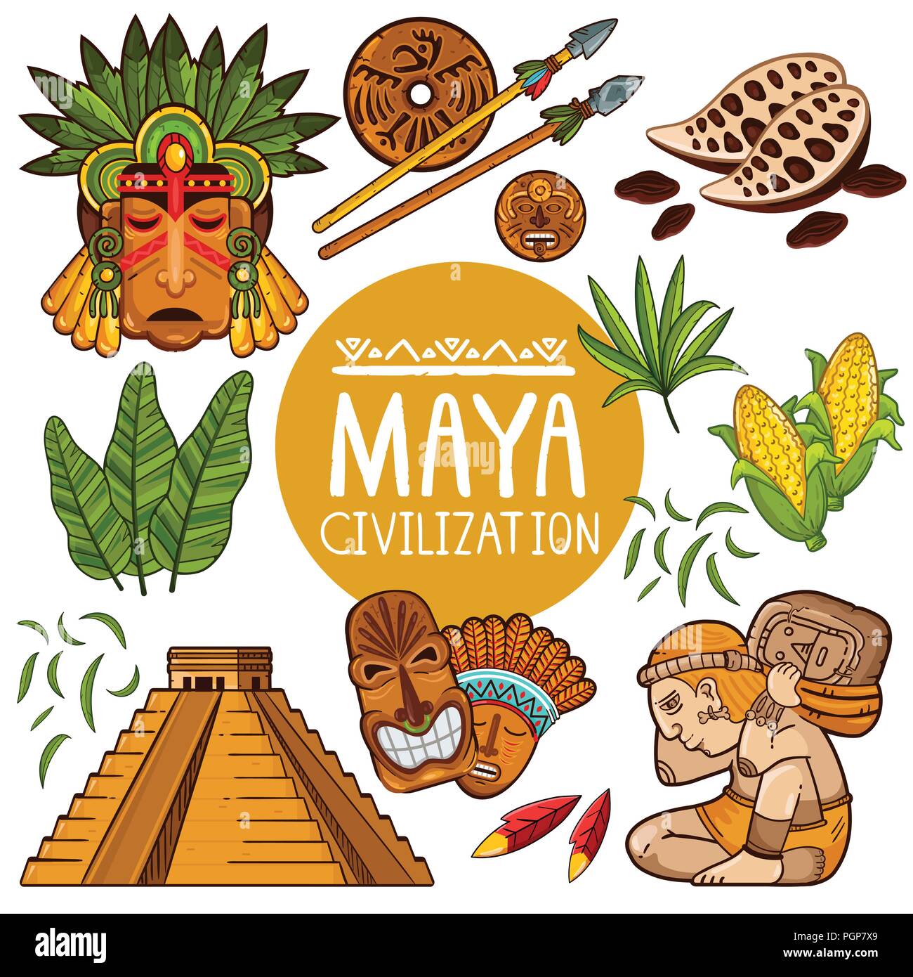 Set di icone per antica cultura maya Illustrazione Vettoriale