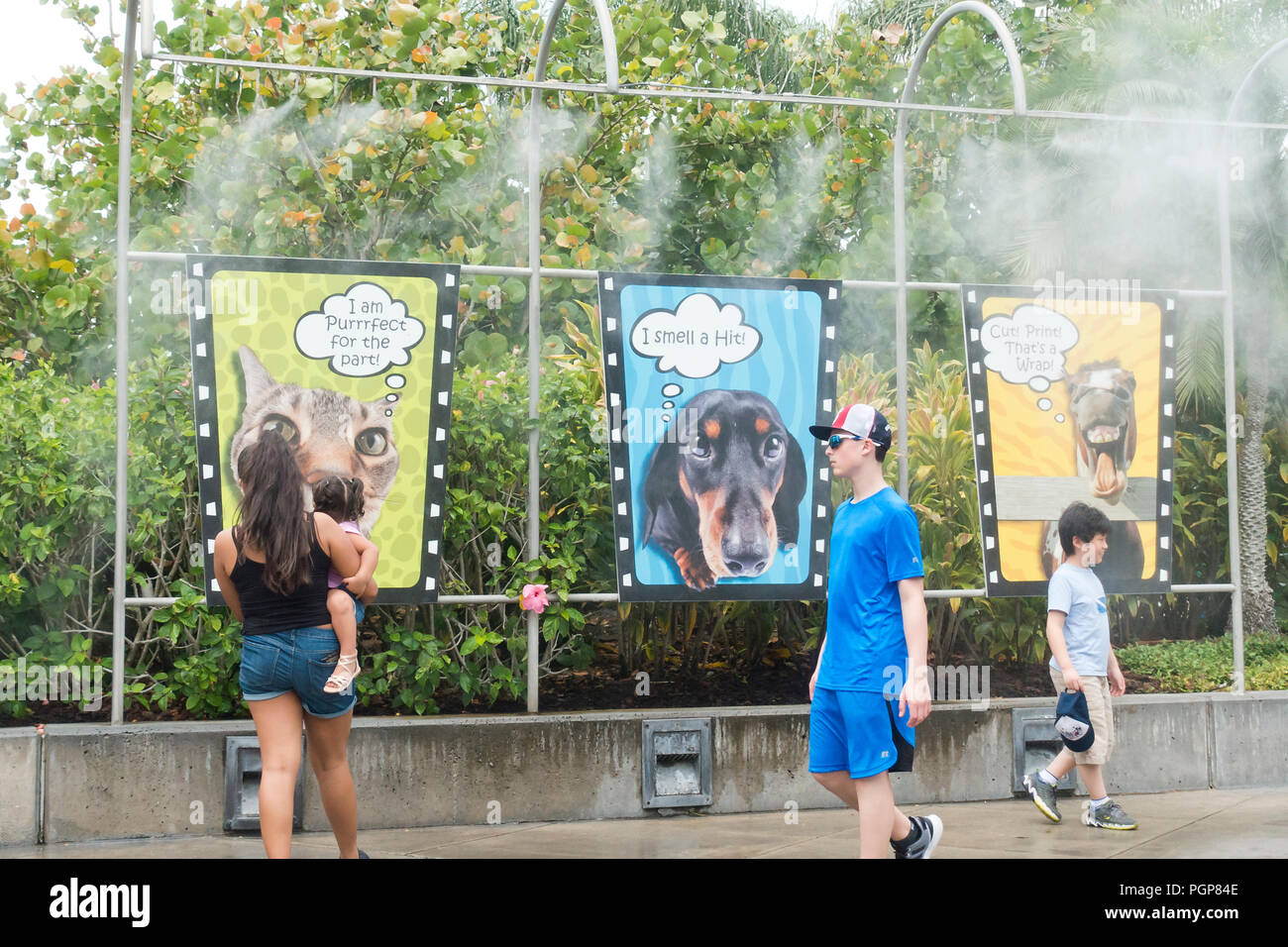 La gente camminare sotto sistema di appannamento (nebbia sistema di raffreddamento) in un parco a tema - USA Foto Stock