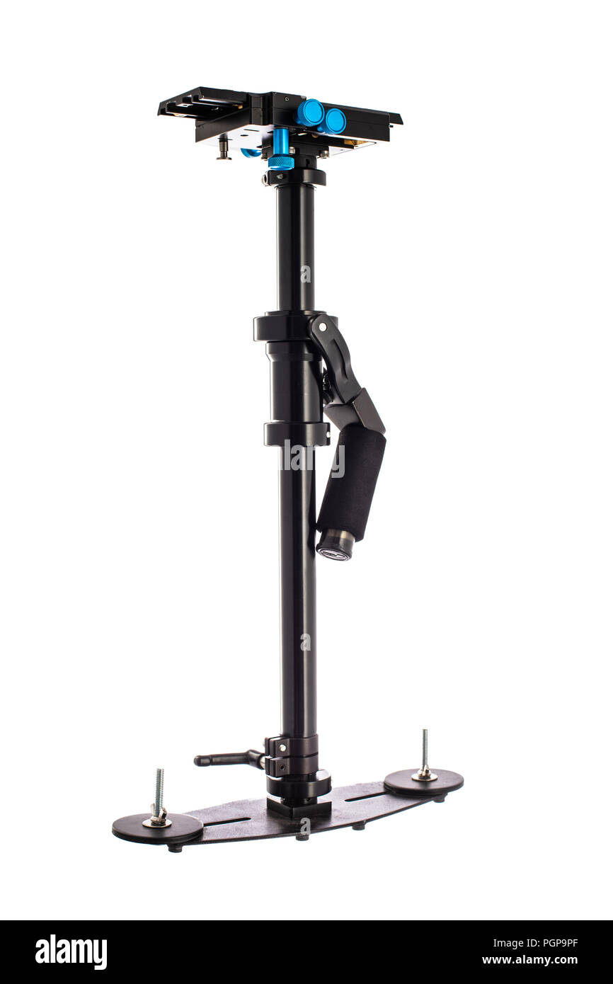 Videocamera di stabilizzazione della sospensione cardanica isolato su bianco. DSLR Videografia equipaggiamento. Foto Stock