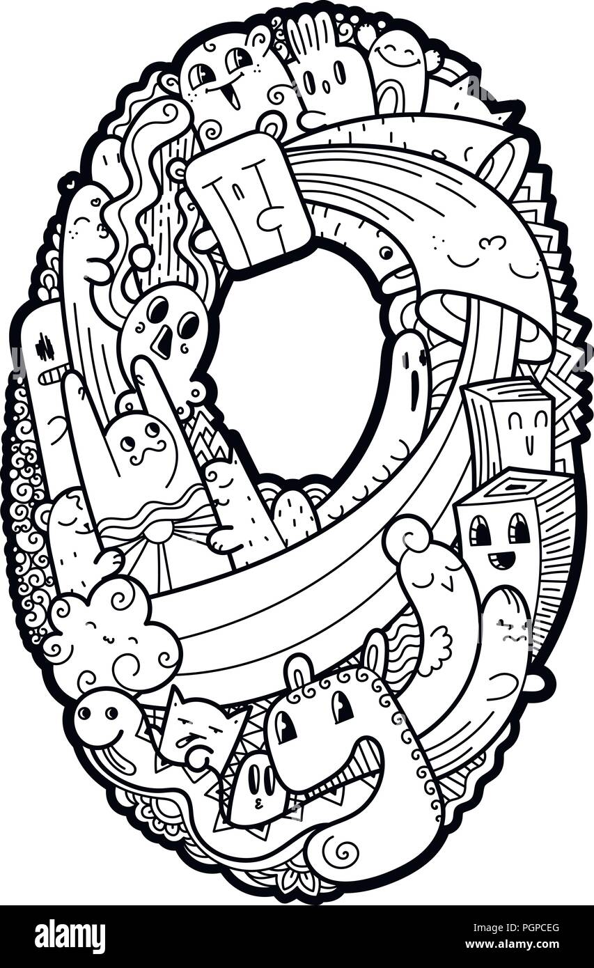 Numero Zero. Disegnata a mano doodled kids numeri. Carino monstred numeri, simboli matematici. Illustrazione Vettoriale per il web, design, decorazione, istruzione, stampe, Illustrazione Vettoriale