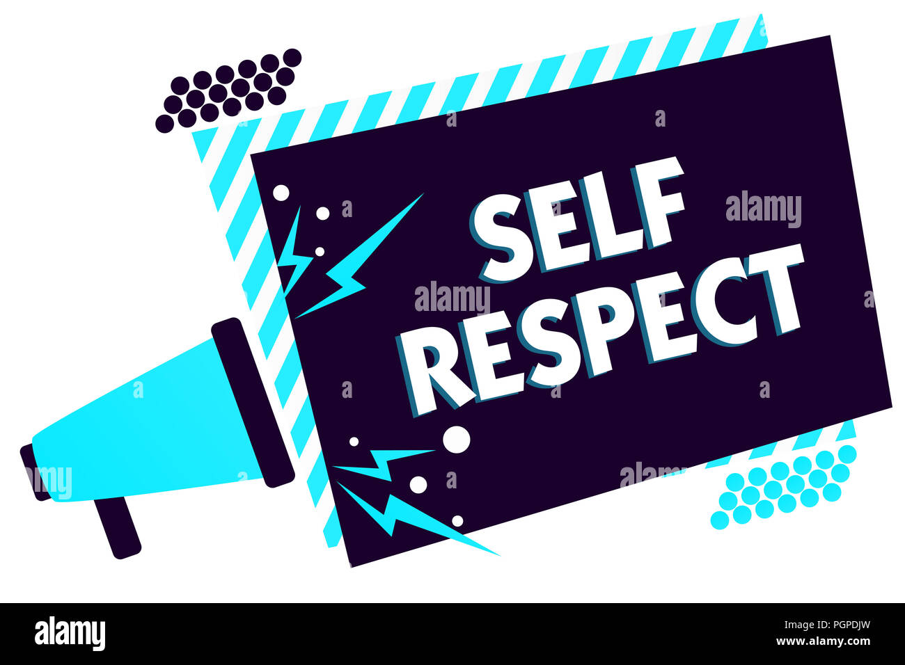 Testo della scrittura Self rispetto. Concetto significato orgoglio e fiducia in se stessi di alzarsi per te megafono altoparlante a strisce blu telaio importan Foto Stock