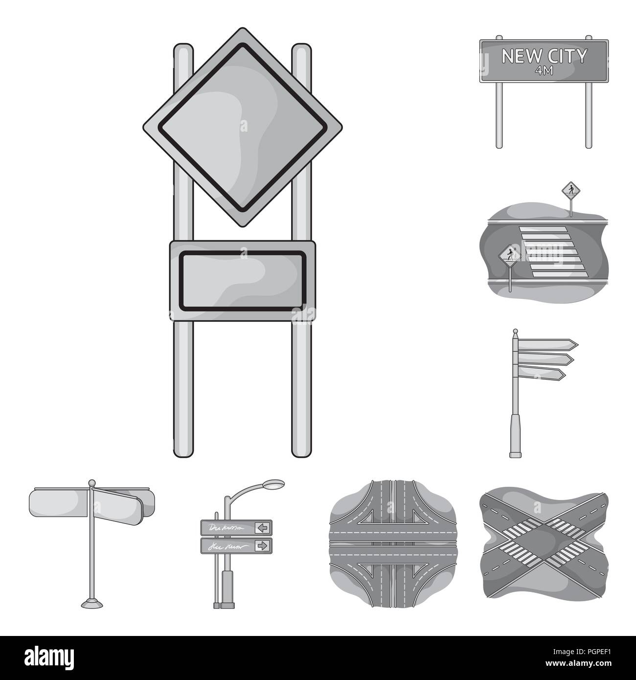 Incroci stradali e segni e altra icona in stile monocromatico.attraversamenti pedonali e segni icone nella raccolta di set. Illustrazione Vettoriale