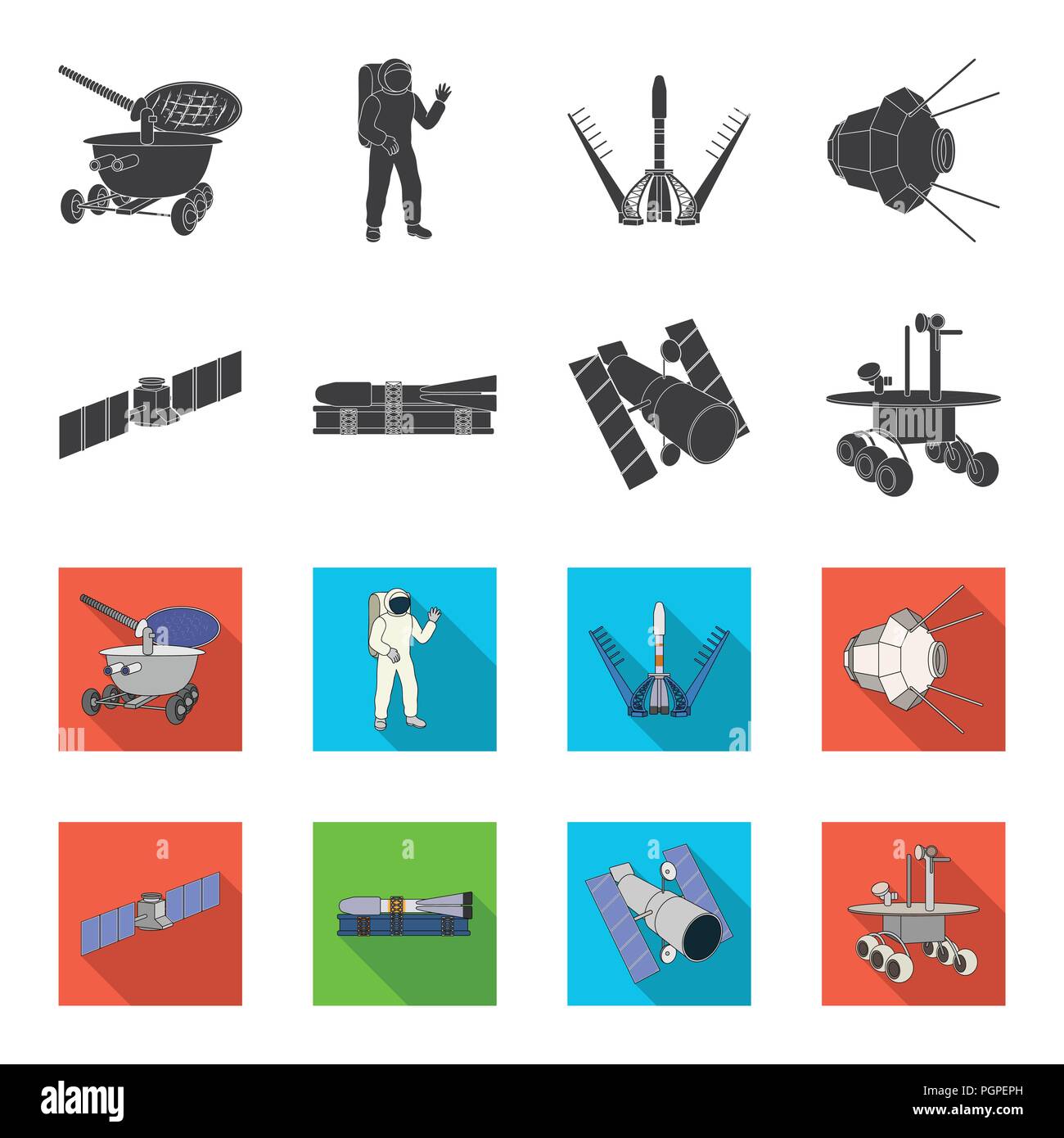 La stazione spaziale in orbita, la preparazione del lancio di un razzo, il Lunar rover sulla superficie. La tecnologia spaziale set di icone di raccolta in nero,flet Illustrazione Vettoriale La stazione spaziale in orbita, la preparazione del lancio di un razzo, il Lunar rover sulla superficie. La tecnologia spaziale set di icone di raccolta in nero,flet Illustrazione Vettoriale