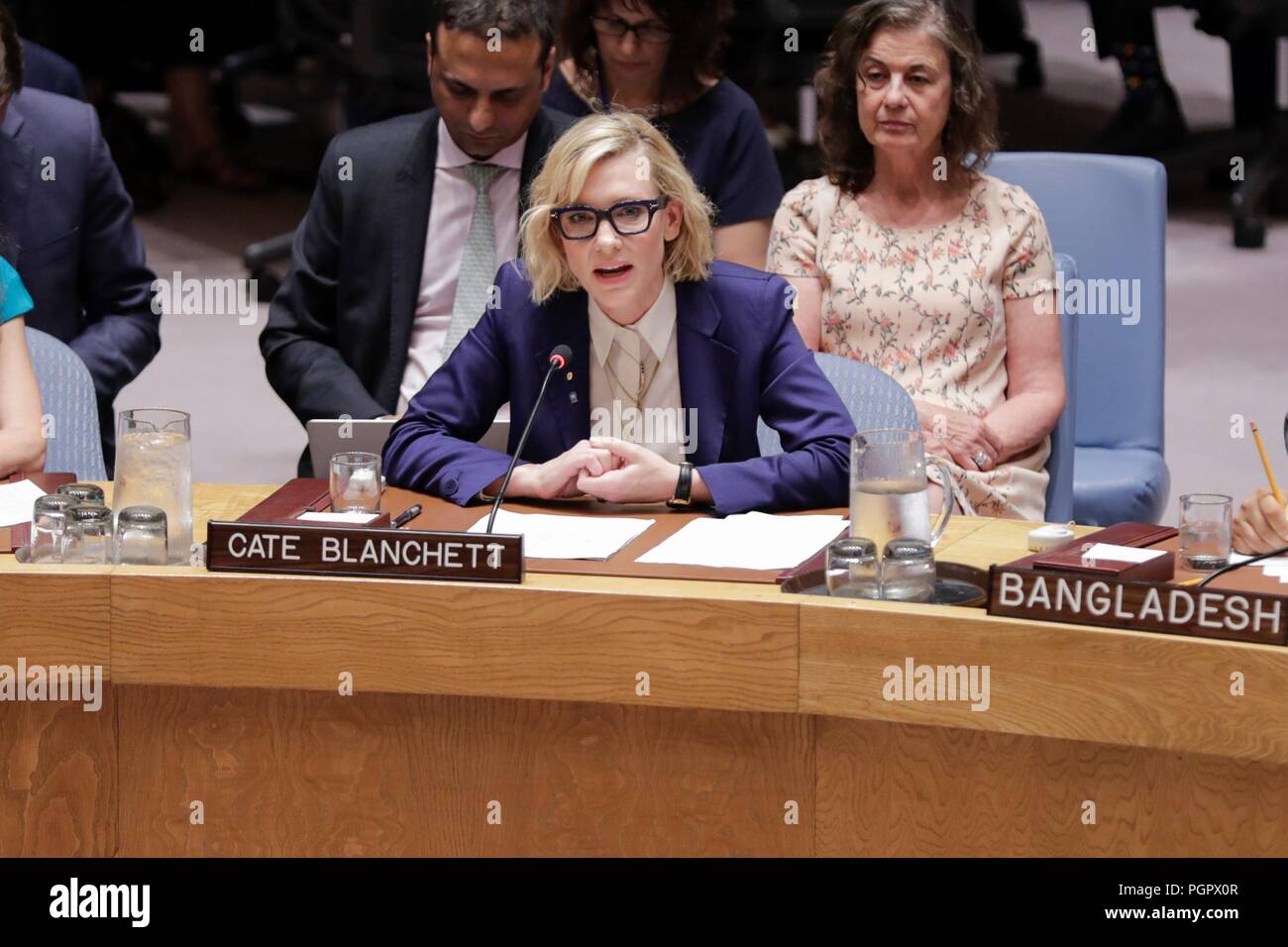 Nazioni Unite, New York, Stati Uniti d'America, 28 agosto 2018 - Cate Blanchett Academy-premiato attore e ambasciatore di benevolenza per l'Alto Commissario delle Nazioni Unite per i Rifugiati (ACNUR), affronta la riunione del Consiglio di sicurezza sulla situazione in Myanmar. La riunione commemora il primo anniversario dell inizio della crisi Rohingya in 2017 oggi presso la sede delle Nazioni Unite a New York City. Foto: Luiz Rampelotto/EuropaNewswire | Utilizzo di tutto il mondo Foto Stock
