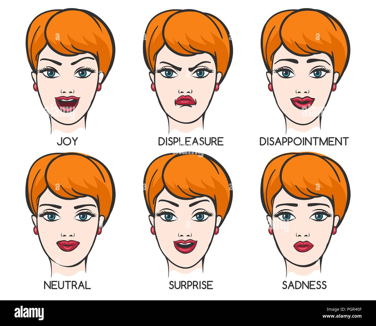 Ragazza con sei diverse espressioni faccia. Illustrazione Vettoriale. Illustrazione Vettoriale