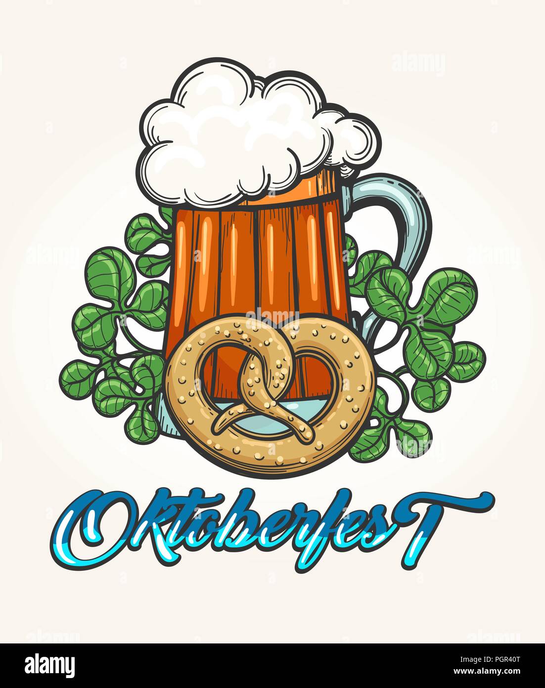 Oktoberfest Emblema con boccale di birra e pretzel. Illustrazione Vettoriale. Illustrazione Vettoriale