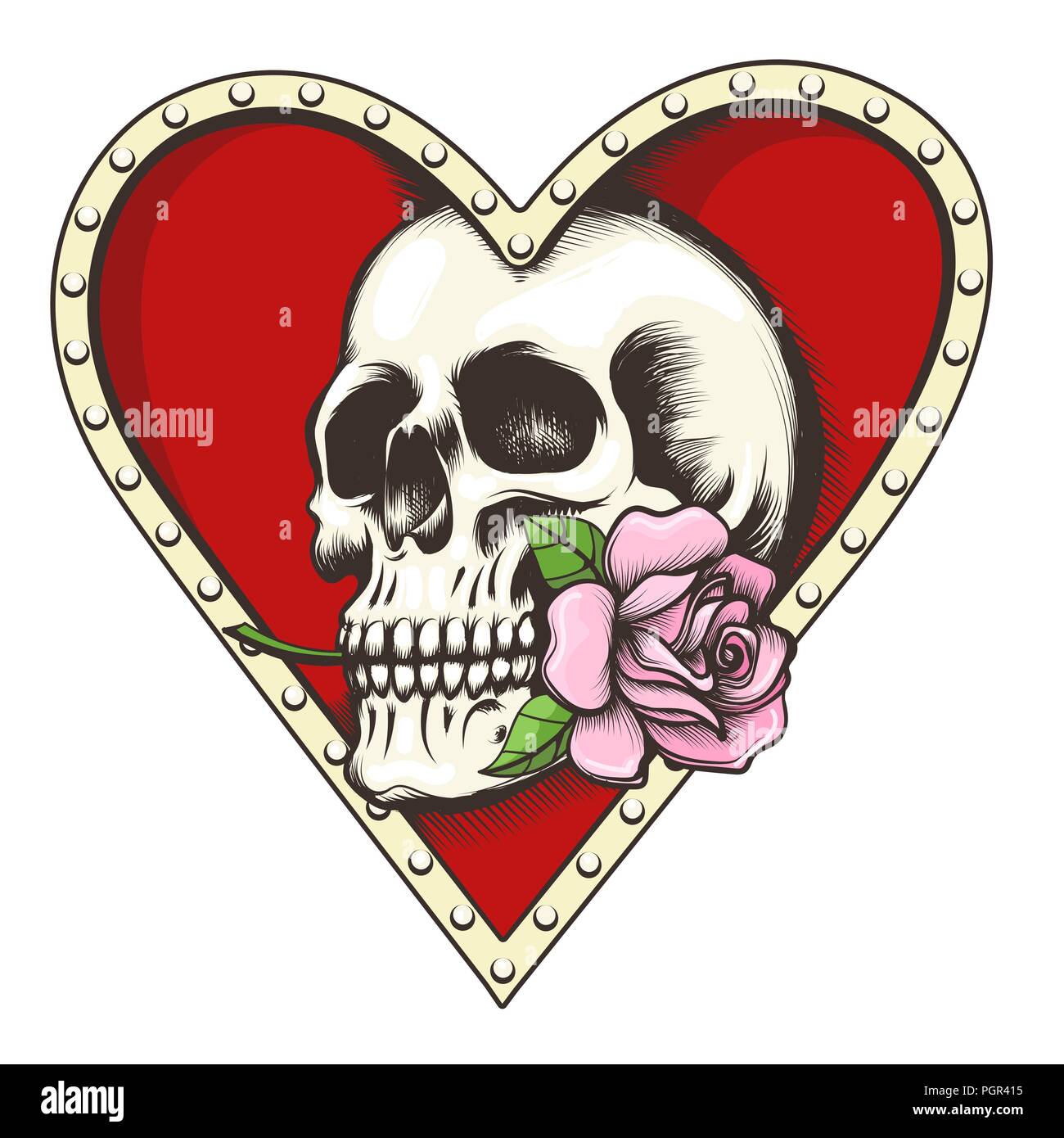 Cranio umano con Rose fiore nel cuore rosso del foro sagomato disegnato in stile tatuaggio. Illustrazione Vettoriale. Illustrazione Vettoriale
