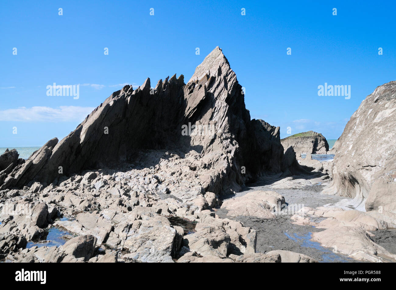 Strana e meravigliosa formazione rocciosa sulla North Devon costa, England, Regno Unito Foto Stock