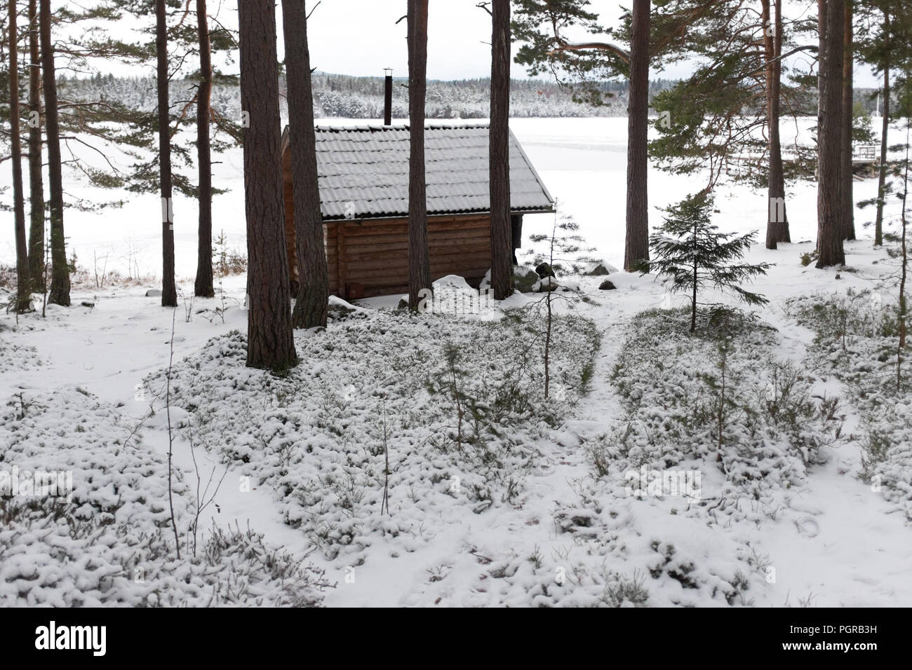 Capanna in legno sul lago in Svezia Foto Stock