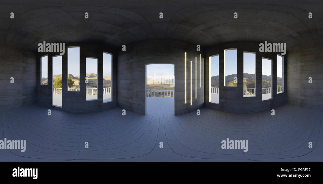 HDRI environment map, astratto panorama sferica sfondo, appartamento vuoto, con bella vista (3D render equirettangolare) Foto Stock