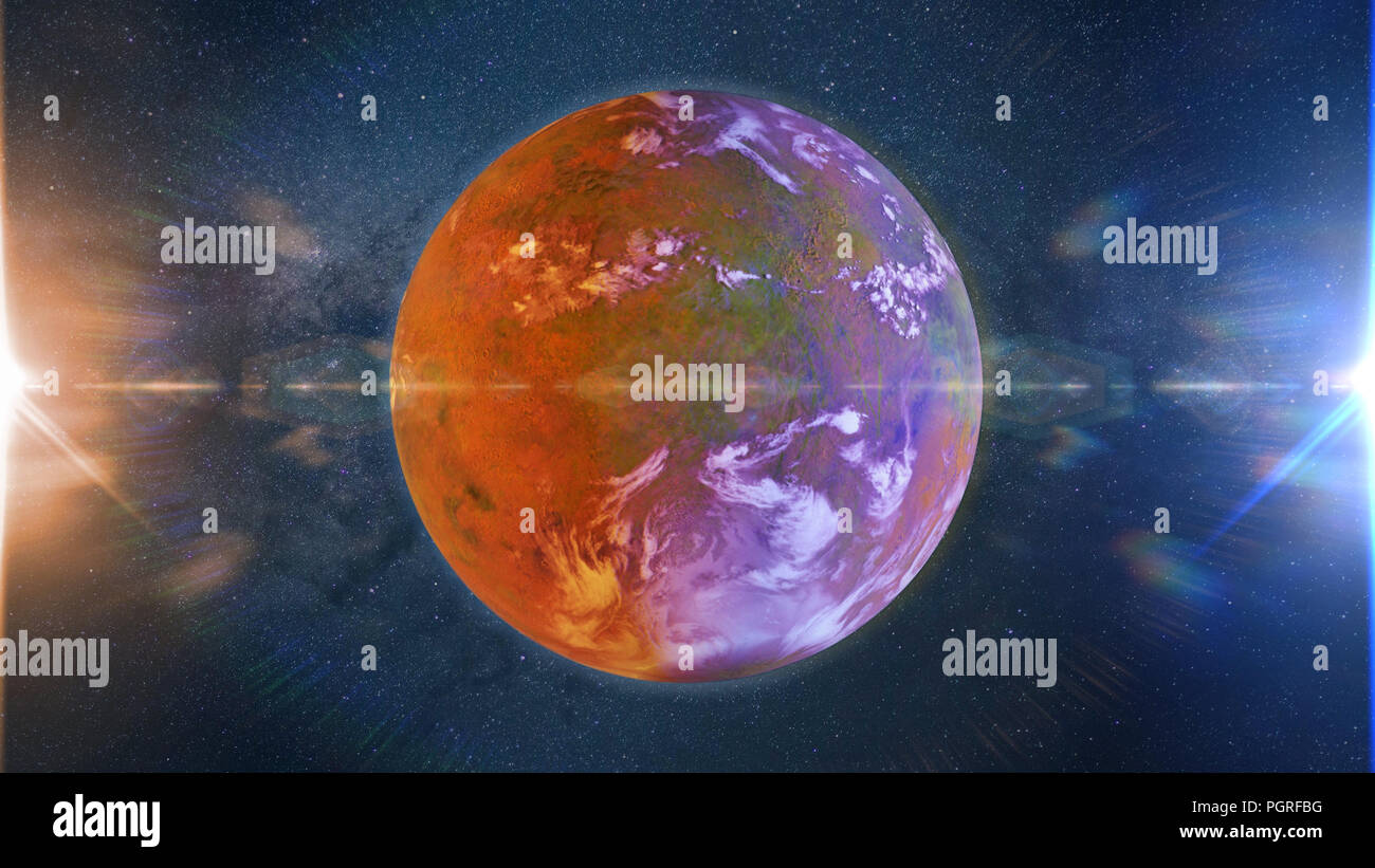 Bella exoplanet, parte di un alieno sistema stellare binario con una Red e Blue star (spazio 3d'illustrazione) Foto Stock