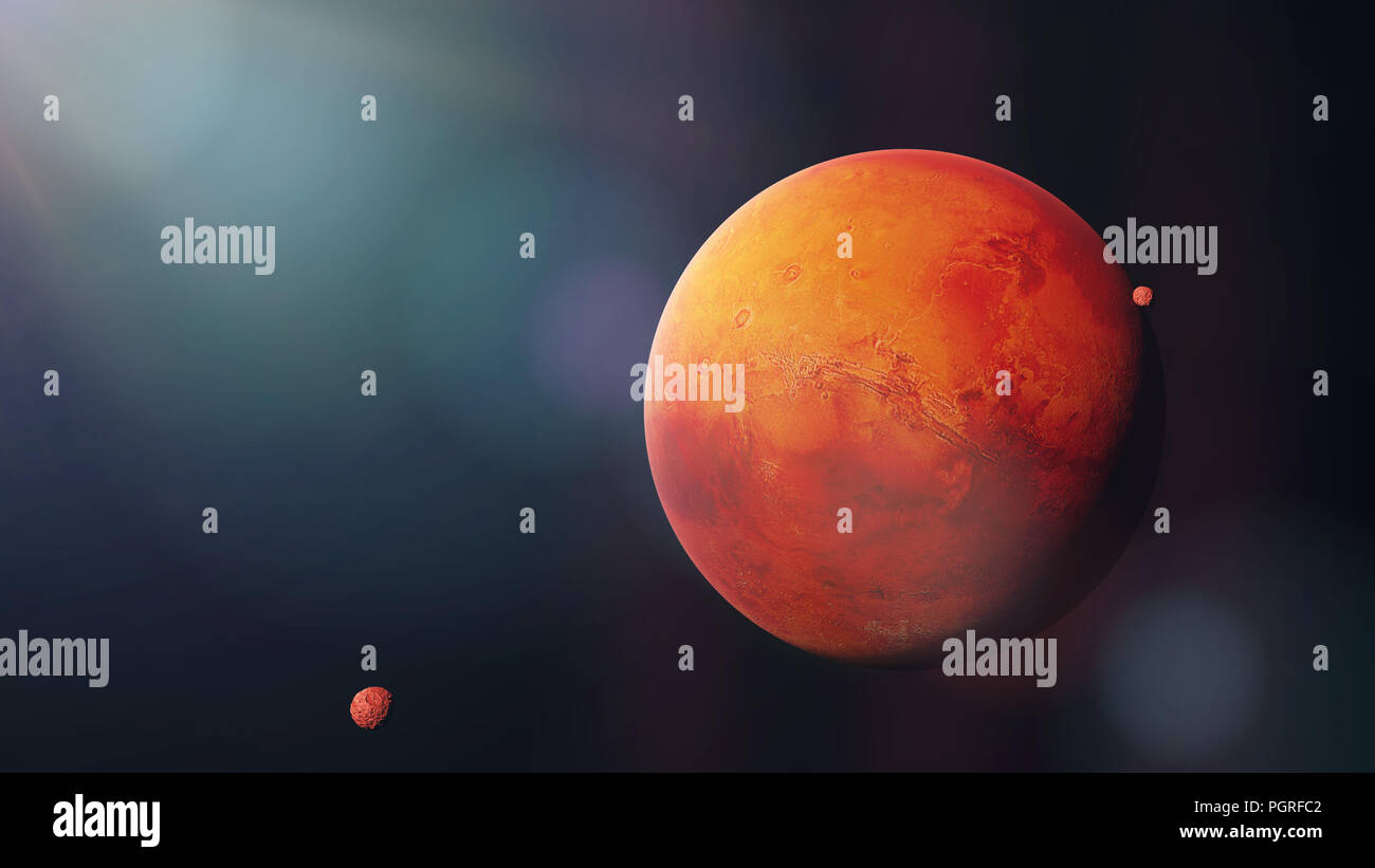 Il pianeta rosso marte con esso lune Phobos e Deimos, parte del sistema solare (spazio 3D rendering, elementi di questa immagine sono arredate dalla NASA) Foto Stock