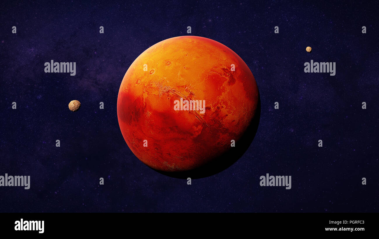 Il pianeta rosso marte con esso lune Phobos e Deimos, parte del sistema solare (spazio 3D illustrazione, gli elementi di questa immagine sono arredate dalla NASA) Foto Stock