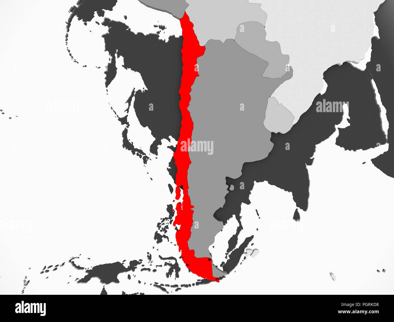 Il Cile in rosso su grigio carta politica con trasparente degli oceani. 3D'illustrazione. Foto Stock