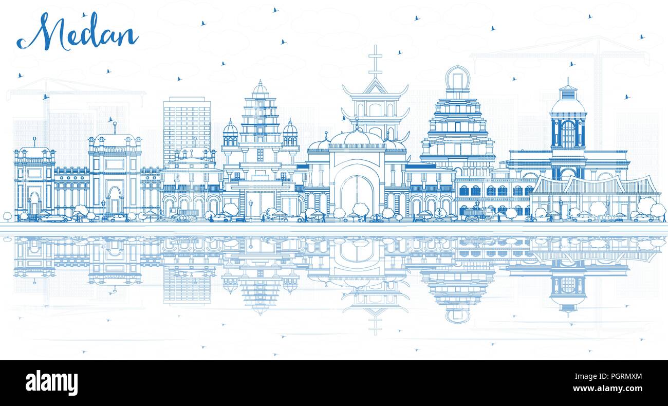 Profilo di Medan, Indonesia skyline della città con edifici blu e riflessi. Illustrazione Vettoriale. Illustrazione Vettoriale