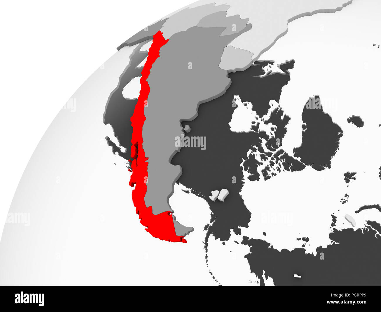 Mappa di Cile in rosso su grigio globo politico con trasparente degli oceani. 3D'illustrazione. Foto Stock