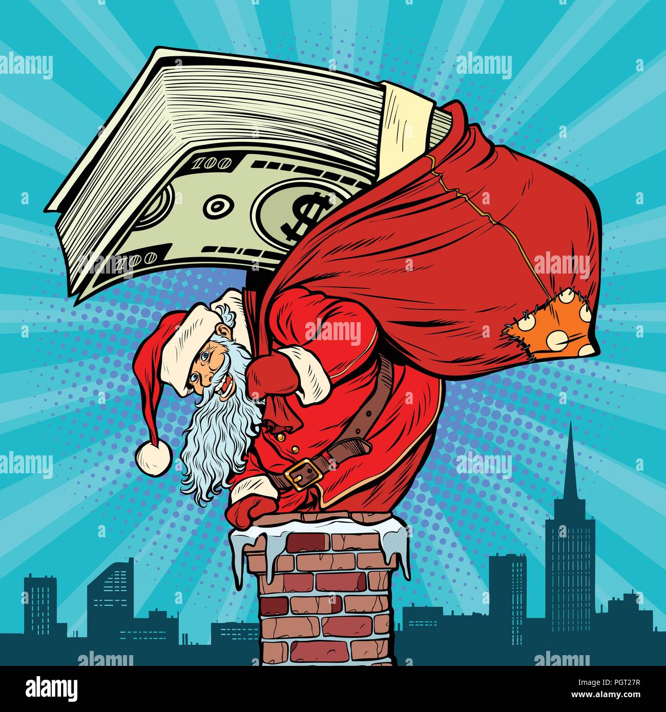 Denaro contante di dollari. Babbo Natale con i doni si arrampica nel chimn Illustrazione Vettoriale