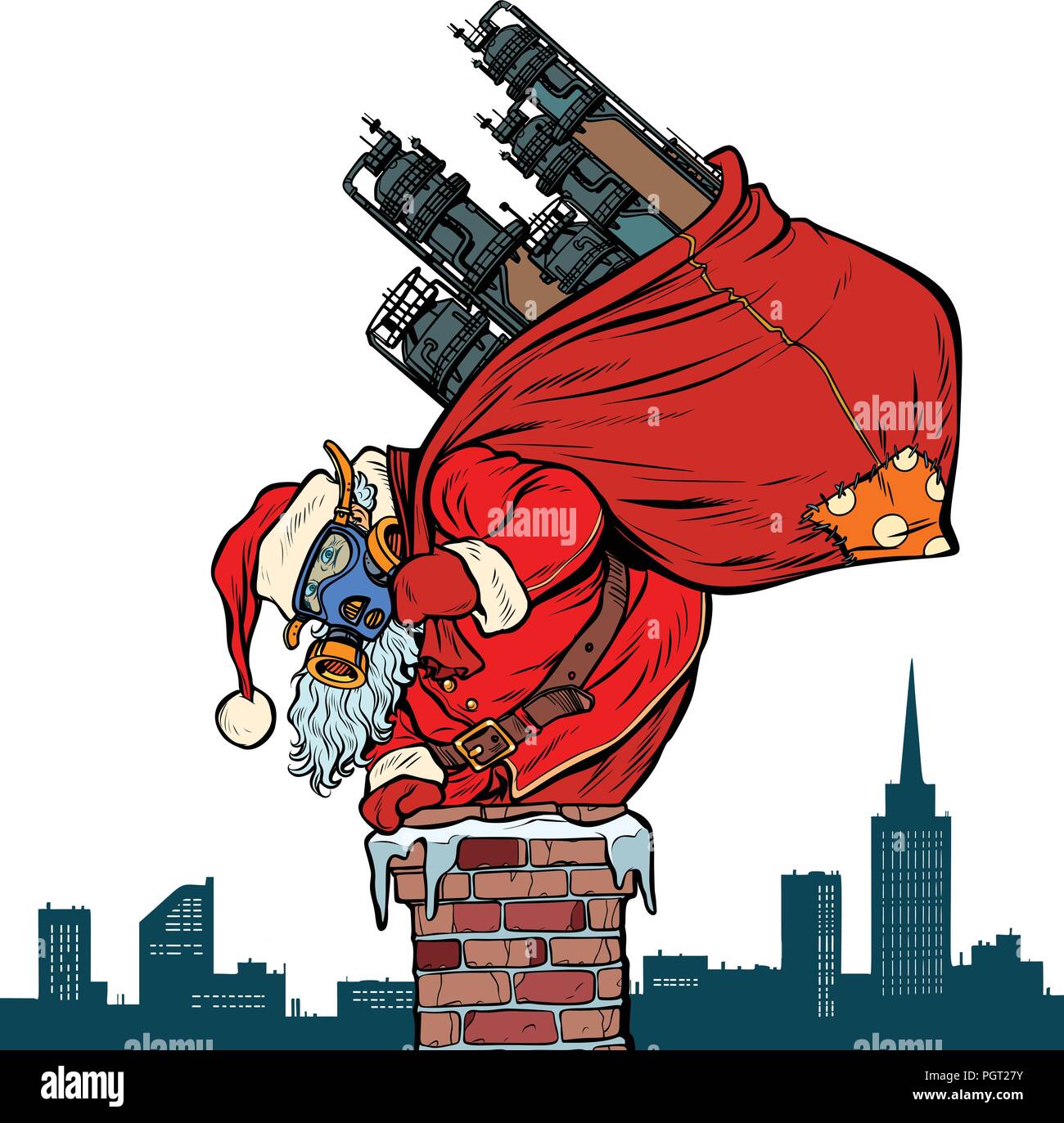 Ecologia della tubazione in fabbrica, aria sporca la maschera per il viso. Babbo Natale con il dono Illustrazione Vettoriale