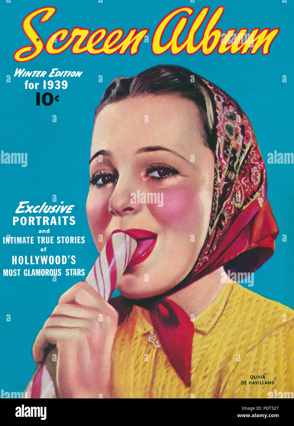 Vintage coperchio anteriore della schermata Album magazine per l'inverno 1939, dotate di attrice Olivia de Havilland. Foto Stock