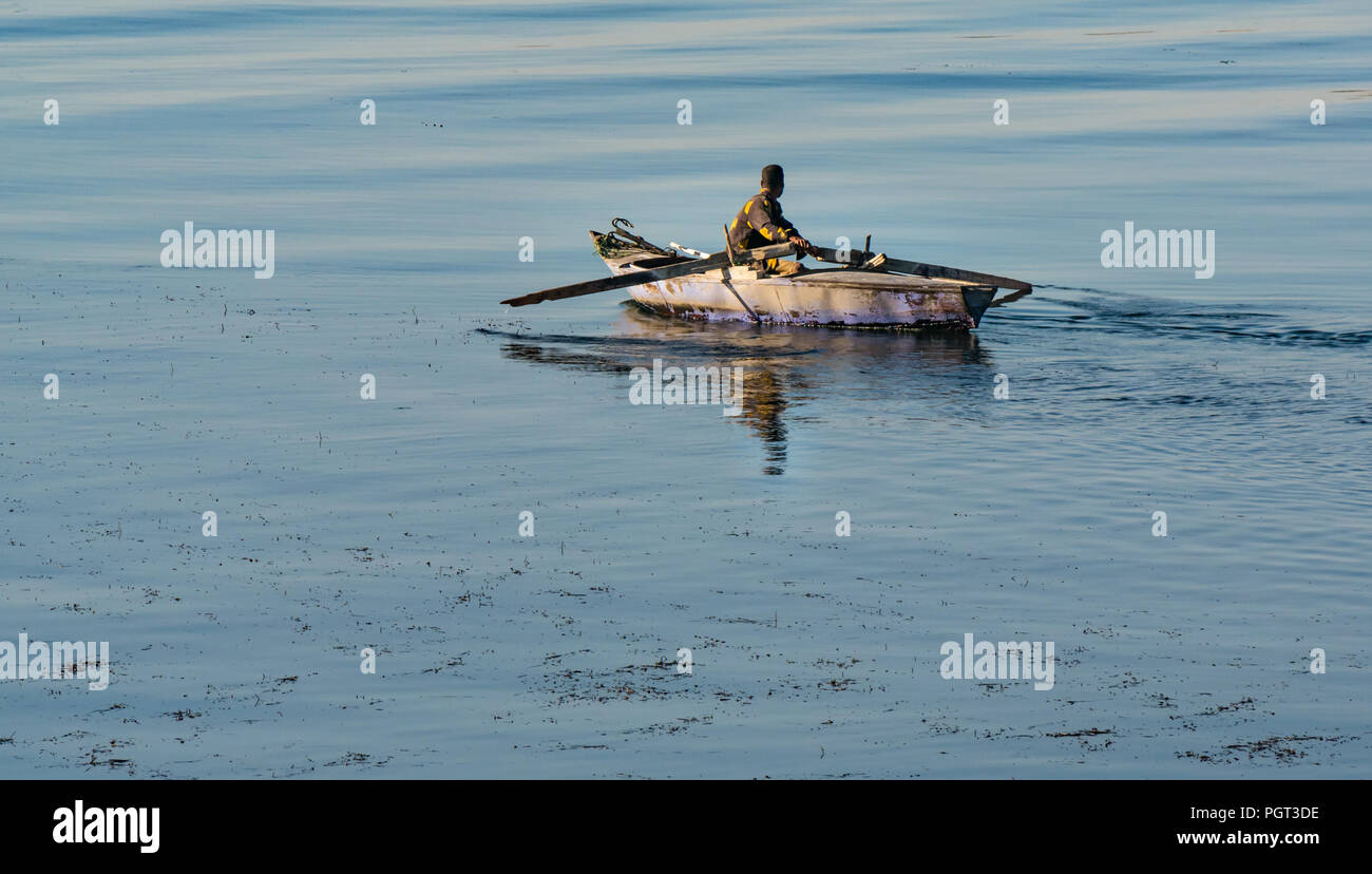 Locale egiziano uomo canottaggio vecchia barca a remi in inizio di mattina di sole, con riflessioni di acqua, Fiume Nilo, Egitto, Africa Foto Stock