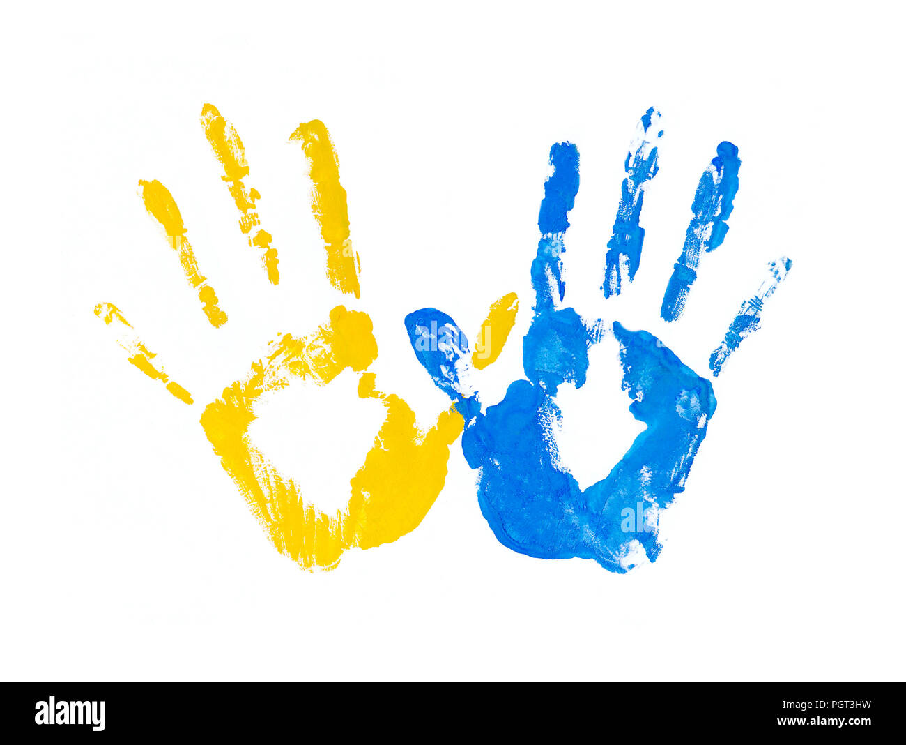 Giallo e blu inchiostro colophon. handprints nella forma di una bandiera di Ucraina, immagine di unità e libertà e indipendenza. Foto Stock