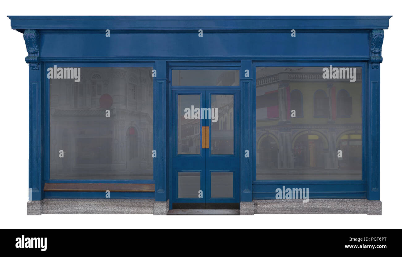Storefront blu mascherata con un legno decorato. anteriore Vista di carico isolati su sfondo bianco Foto Stock