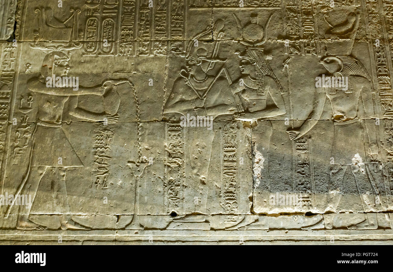 Intagliato hieroglyph egiziano dettaglio delle figure sulle pareti interne del santuario di Horus, il Tempio di Edfu, Edfu, Egitto, Africa Foto Stock