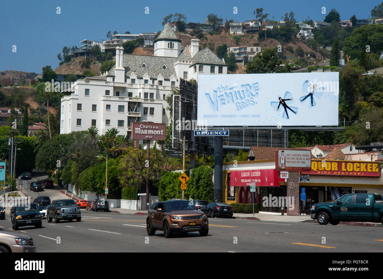 Chateau Marmont e i cartelloni sulla Sunset Strip di Los Angeles, CA Foto Stock