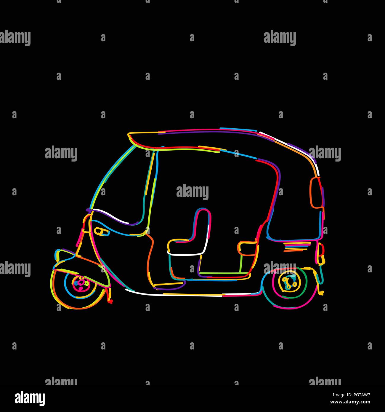 Funky tuk tuk, icona rickshaw isolato su nero Illustrazione Vettoriale