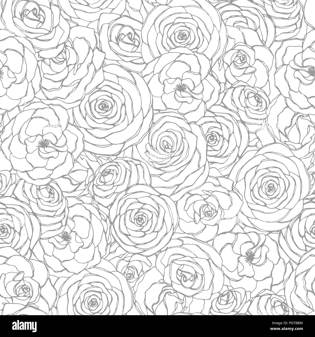 Vector seamless pattern con rose fiori line art sullo sfondo bianco. Disegnato a mano ripetere floreali ornamento di fiori in stile sketch. Utilizzabile per Illustrazione Vettoriale