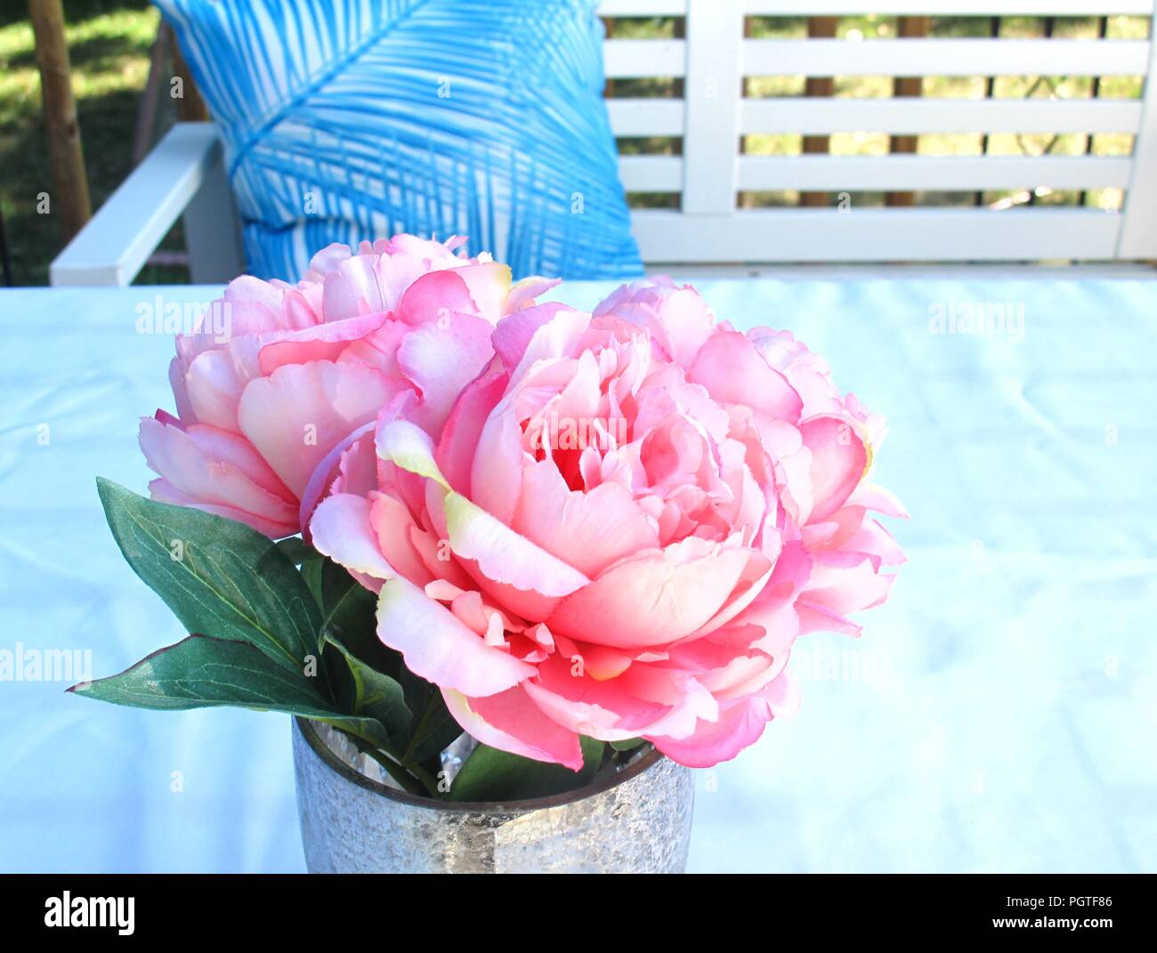 Rosa e Bianco le peonie in un vaso Foto Stock