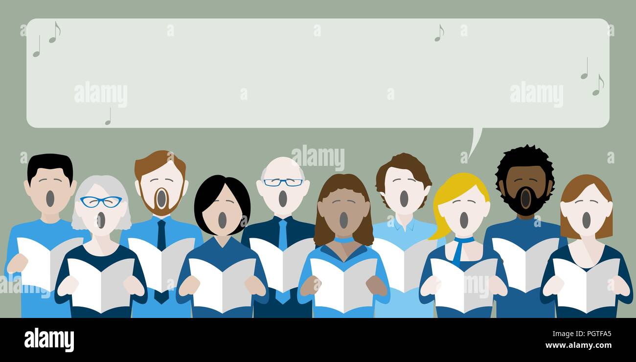 Gruppo diversificato di coro cantanti con discorso bolla per il testo Illustrazione Vettoriale