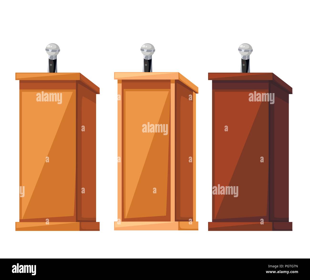 Impostare della tribuna di legno. Diversi tipi di materiale di legno della tribuna del parlato. Rostro stand con microfono. Piatto illustrazione vettore isolato sul retro bianco Illustrazione Vettoriale