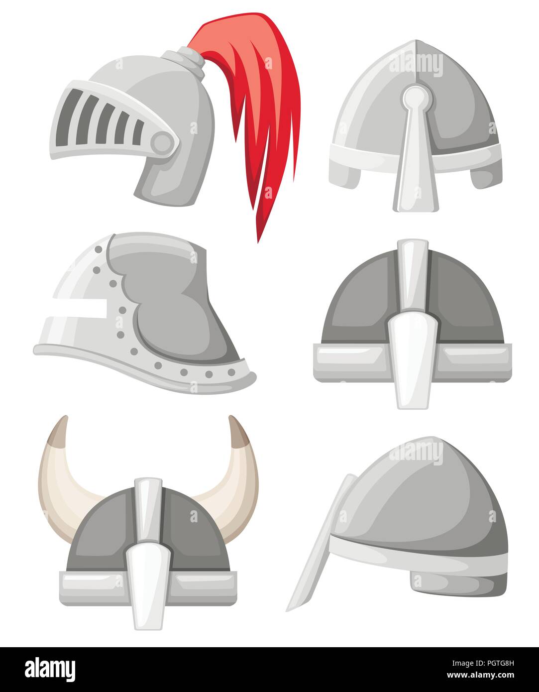 Metallo medievale knight collezione caschi. Colore argento armor. Warrior, cavaliere, gotico , il logo normanno, emblema, simbolo, sport mascotte. Vettore di piana illust Illustrazione Vettoriale