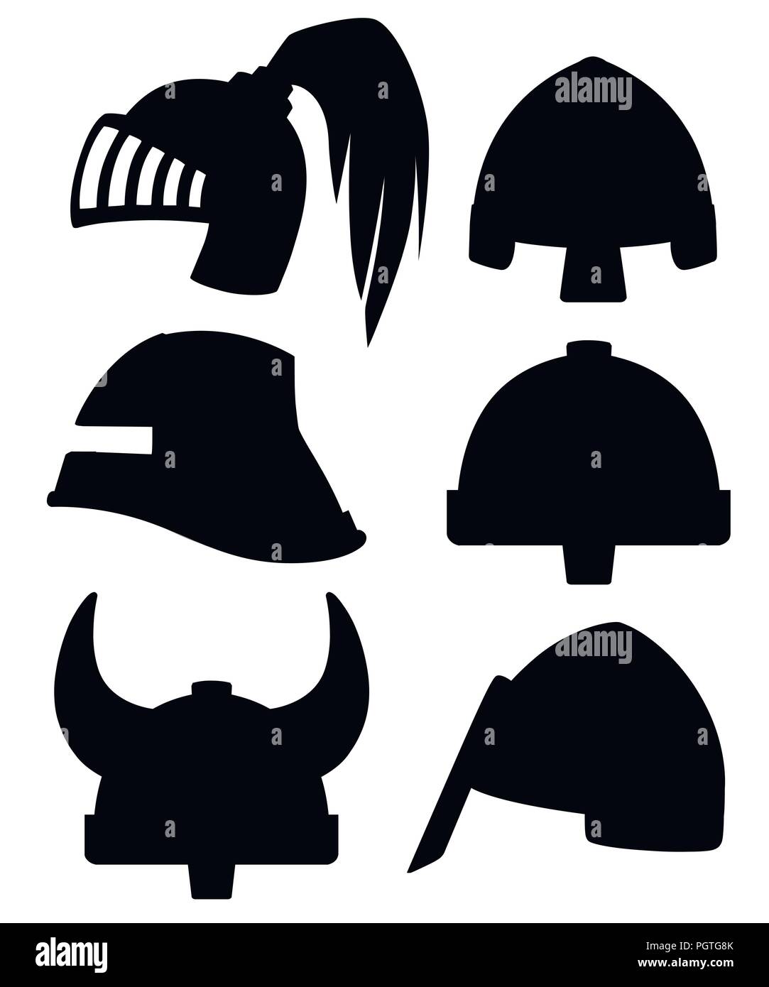Silhouette nera. Metallo medievale knight collezione caschi. Warrior, cavaliere, gotico , il logo normanno, emblema, simbolo, sport mascotte. Vettore di piana illustrati Illustrazione Vettoriale