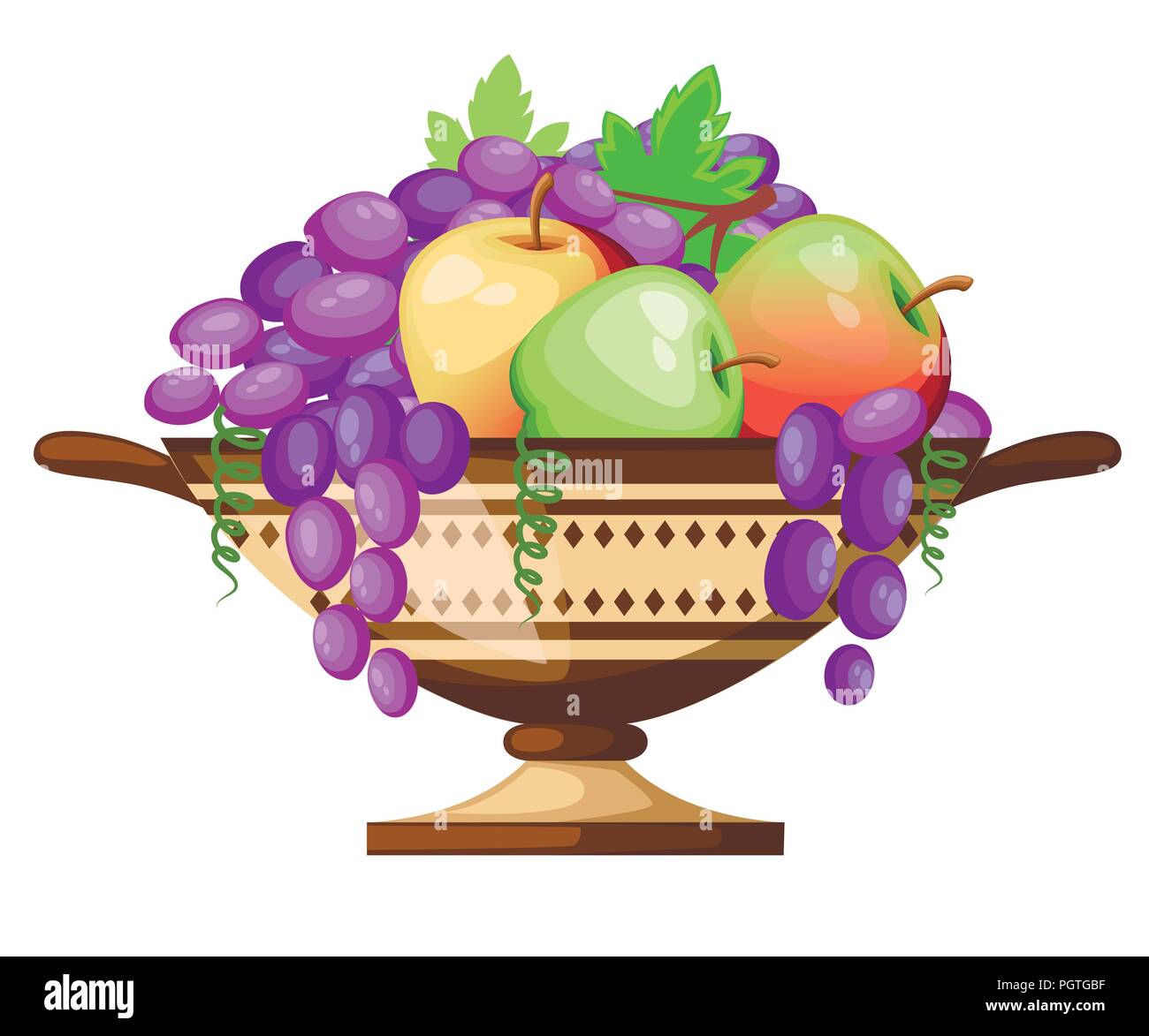 Grecia antica kylix bicchiere. Vino antico cylix cup con motivi. Cup con mele e uva. Ceramiche greche icona. Appartamento illustrazione vettoriale isol Illustrazione Vettoriale