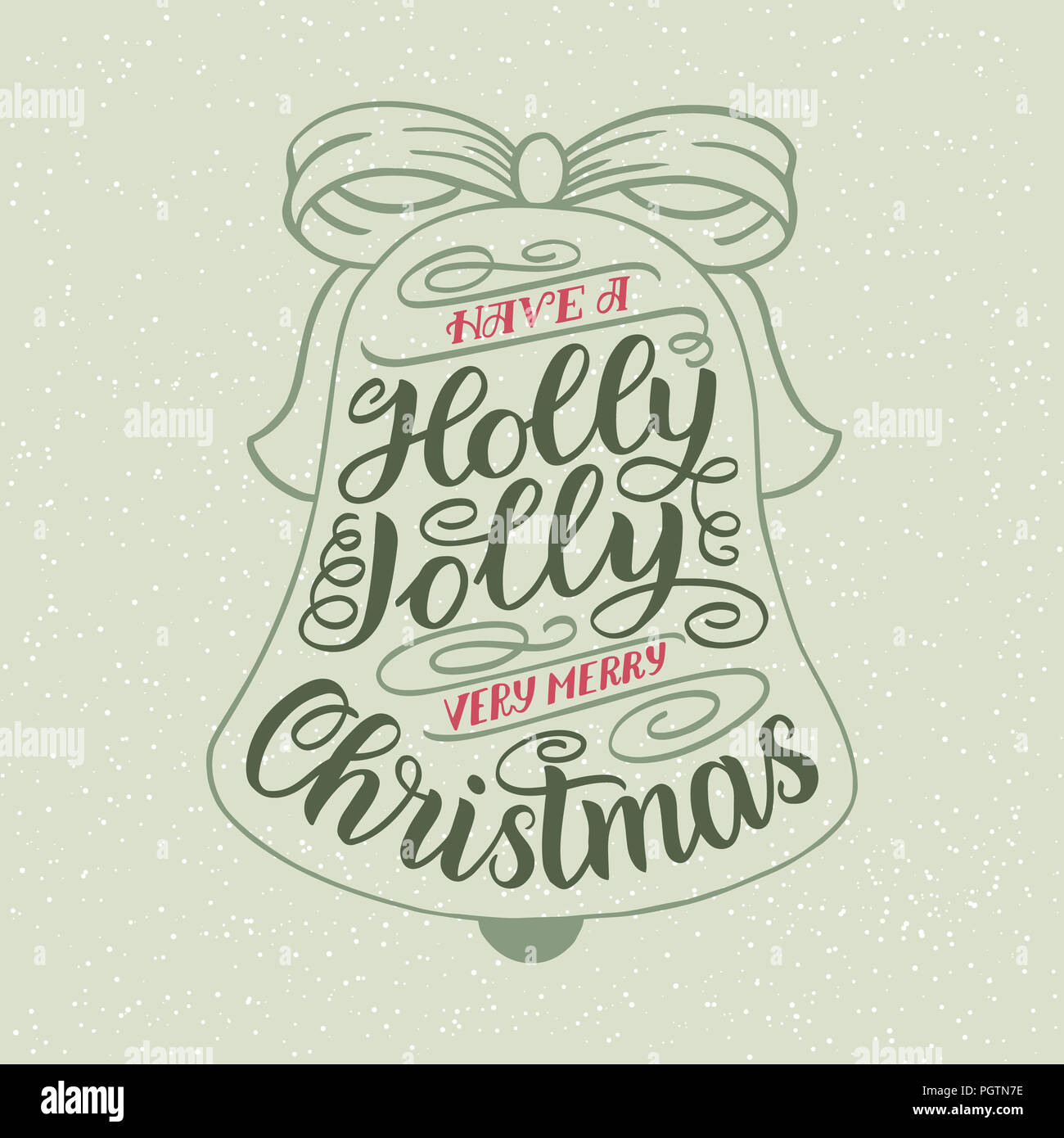 Hanno un holly jolly molto buon Natale. Scritte a mano di biglietto di auguri di Natale con Jingle Bells forma. Vintage design tipografia. illustrazione su Foto Stock