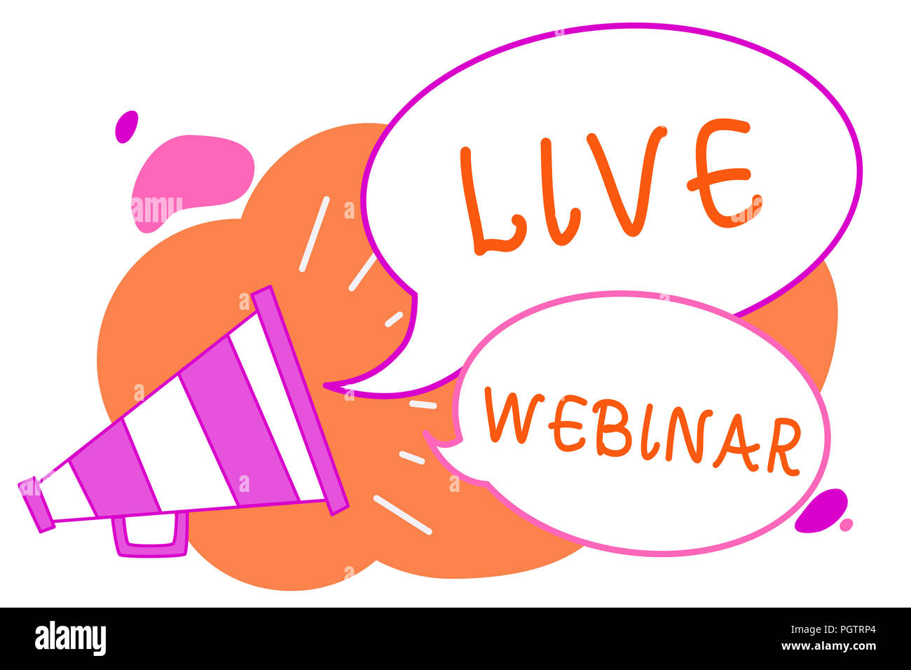 La grafia la scrittura di testo Webinar in diretta. Concetto significato seminario interattivo trasmesse sul web in tempo reale altoparlante megafono fumetti imp Foto Stock