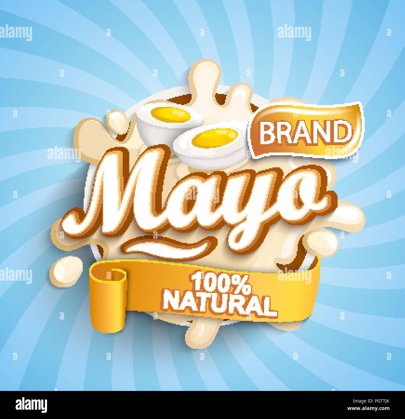 Freschi e naturali etichetta mayonese schizzi sul sunburst sfondo per il vostro marchio, logo, template, etichetta, emblema per negozi di generi alimentari, negozi, il confezionamento e la pubblicità. Illustrazione Vettoriale. Illustrazione Vettoriale