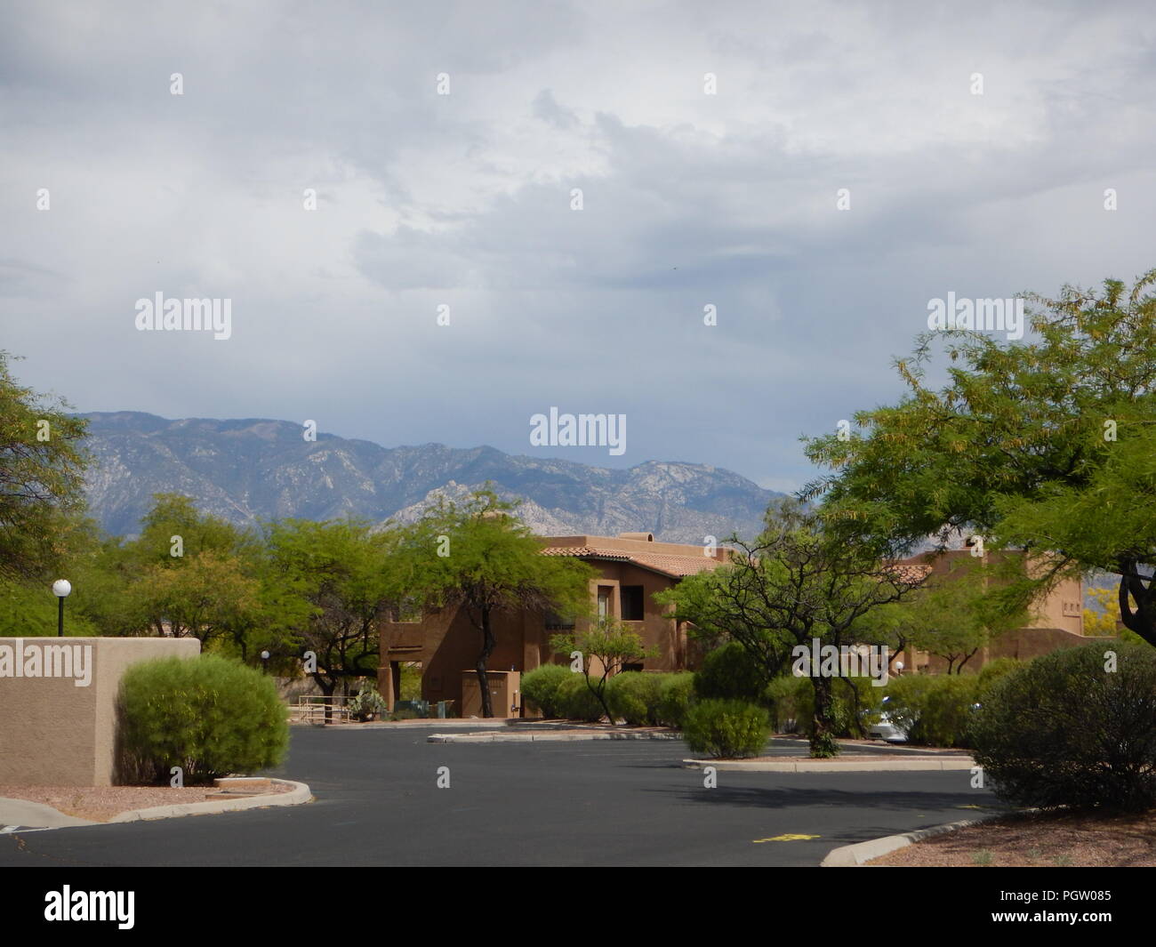 Arizona resort con alberi verdi sotto il cielo nuvoloso. Foto Stock
