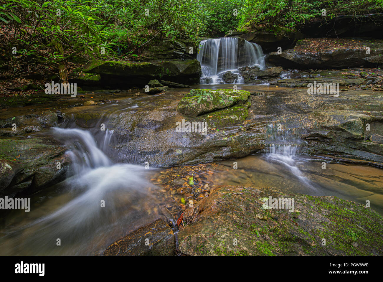 Una cascata circondata da lussureggianti foreste verdi si precipita verso il basso telecamera angolato in New River Gorge di West Virginia. Foto Stock