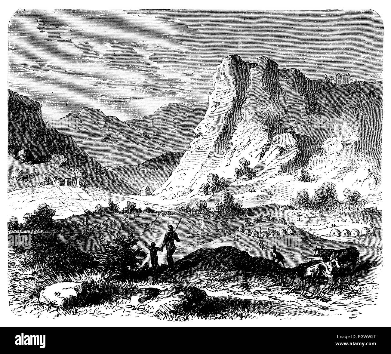 Thaba Bossin, capitale del Bassuto in alto a Caledon all'interno dell'Africa australe, 1868 Foto Stock