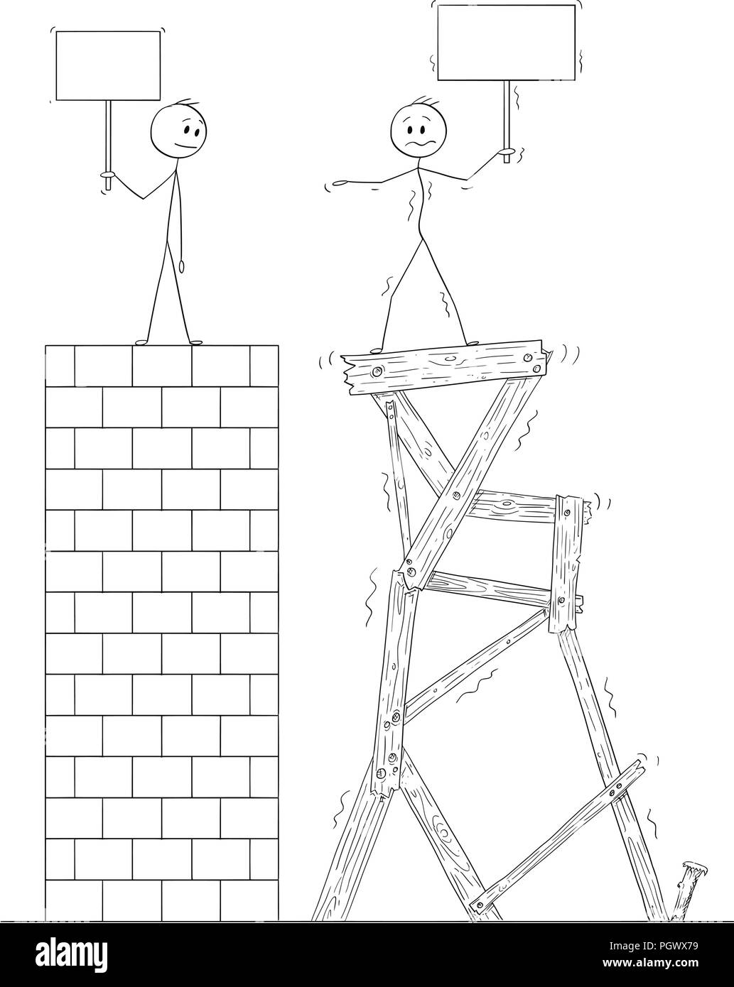 Cartoon di due uomini o uomini di affari in piedi sulla sommità delle due torri, uno di loro è ben costruire da mattoni, il secondo è di scarsa qualità di costruzione in legno Illustrazione Vettoriale