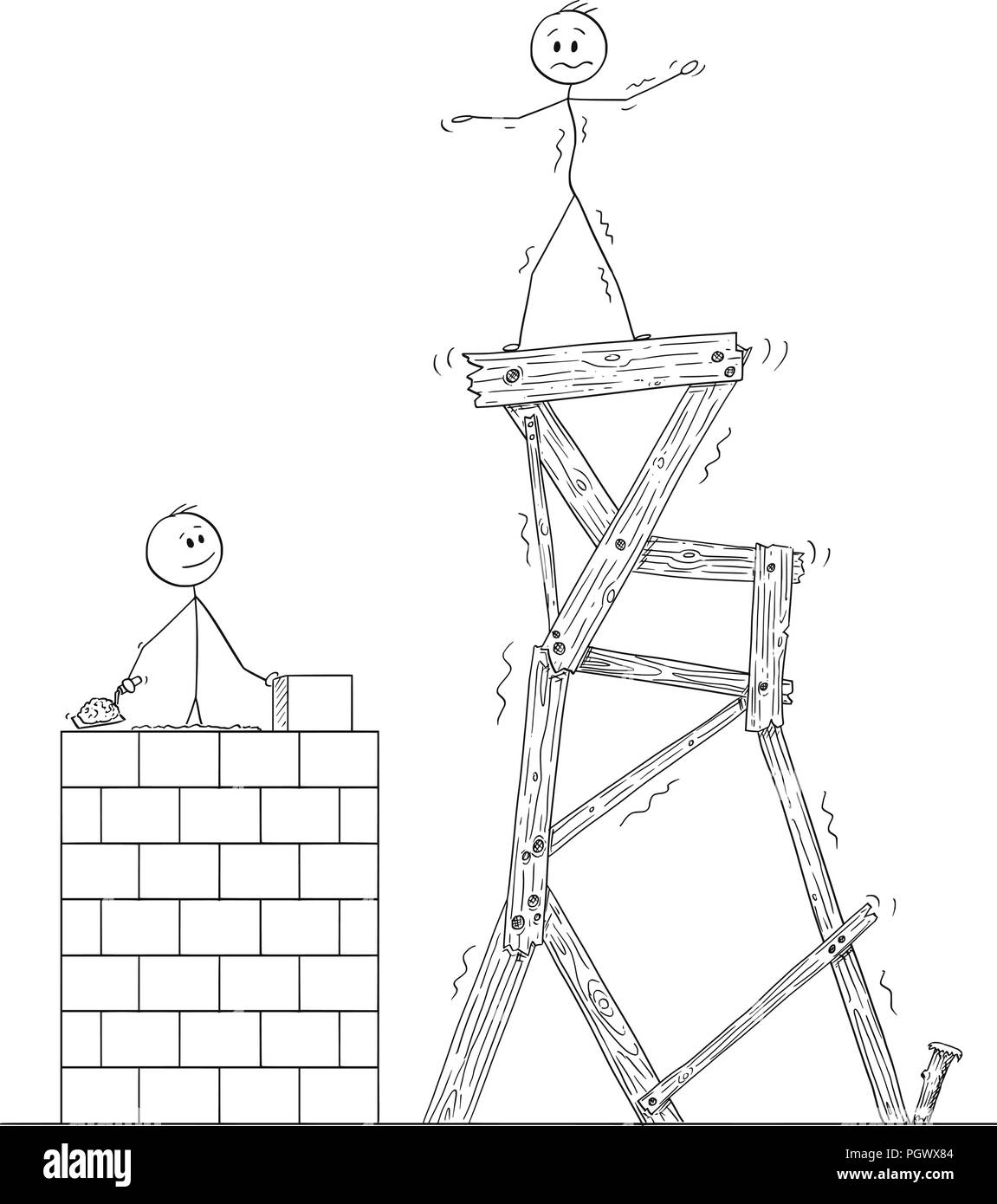 Cartoon di due uomini o uomini di affari, uno di loro è di costruire lentamente la torre di qualità da mattoni, secondo uomo in piedi sulla sommità del mal fatta a buon mercato Torre da legno Illustrazione Vettoriale