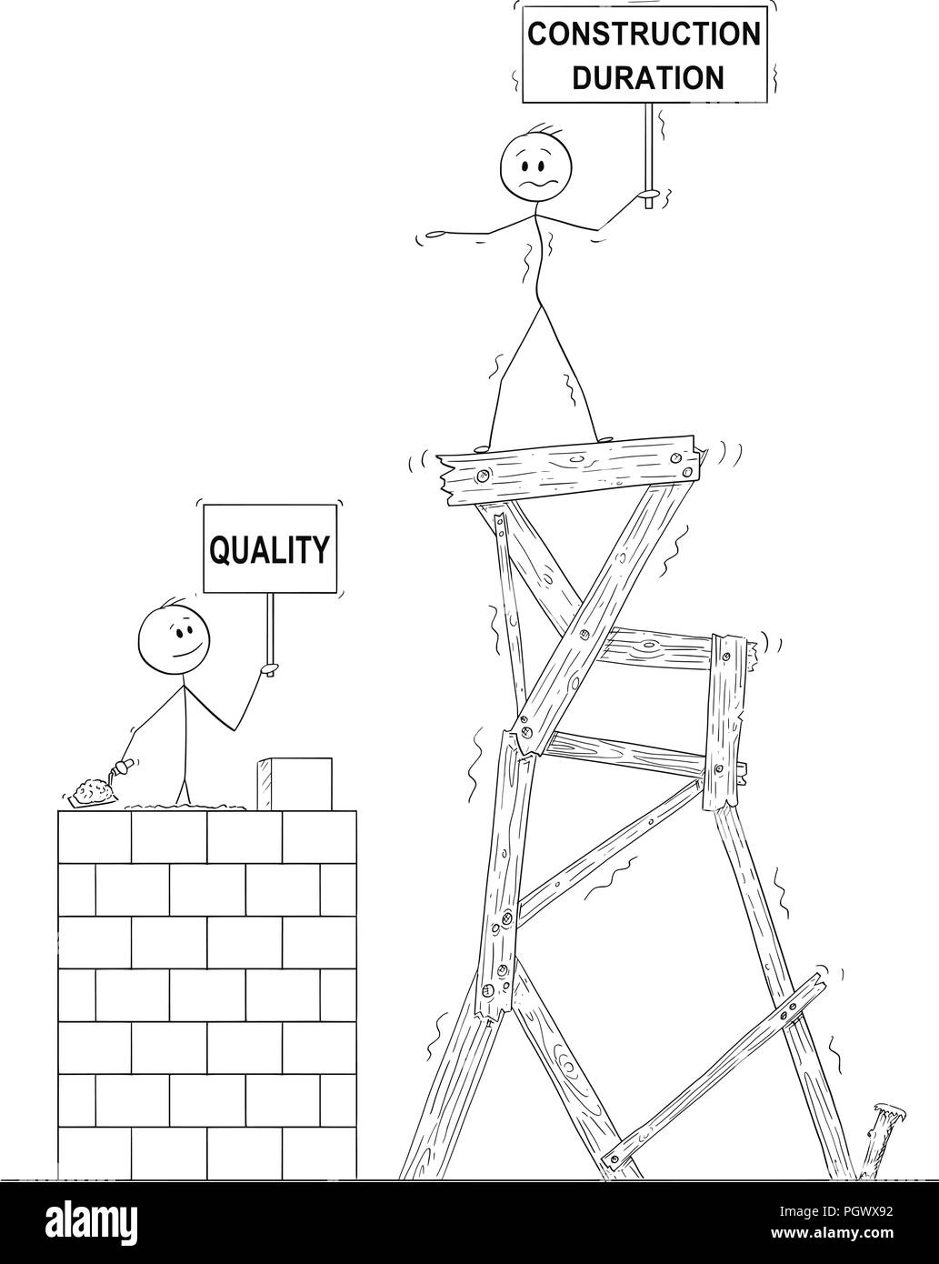 Cartoon di due uomini o uomini di affari, uno di loro è di costruire lentamente la torre di qualità da mattoni, secondo uomo in piedi sulla sommità del mal fatta a buon mercato Torre da legno Illustrazione Vettoriale