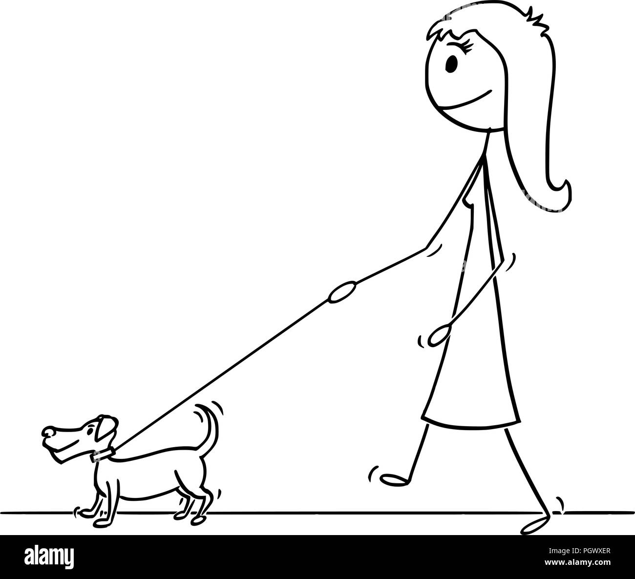 Cartoon di donna a piedi con un cane di piccola taglia Illustrazione Vettoriale
